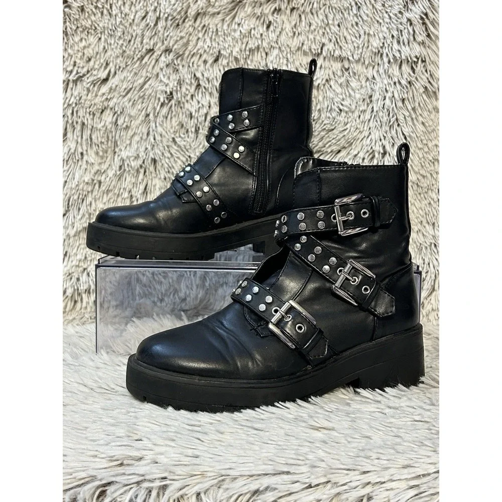 Chunky Black Ankle Boots Buckle Women's 5.5 Moto Biker‎ Grunge Goth Zip Up